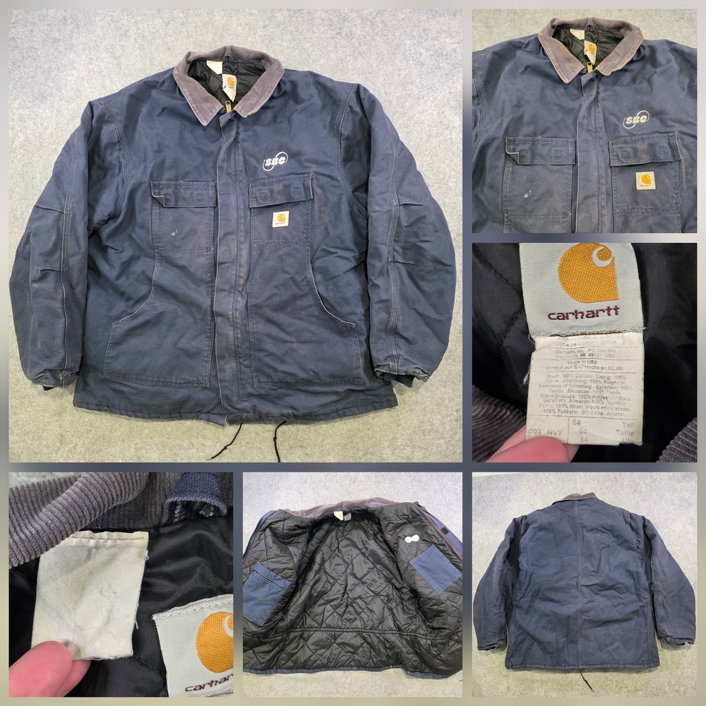Carhartt Coat Jacket Mens 54 Tall Blue Canvas Quilted Lined Workwear C03 USA